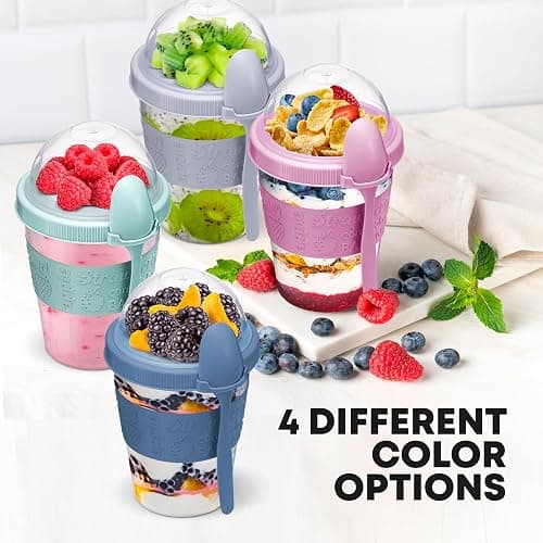 Tribello 4 Pack - On the Go Yogurt Parfait Cups with Lids, Topping Compartment & Spoon, Yogurt/Parfait Cups for Breakfast Meal Prep, Reusable Leak Proof Container - BPA Free - 20oz - Colorfull thumbnail 6