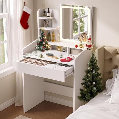 Dowinx Makeup Small Vanity Desk with Mirror and Lights, Makeup Vanity with Drawer & Storage Shelves, Makeup Desk with 3 Lighting Modes & Adjustable Brightness, Dressing Table for Women Girls Bedroom - Image 1