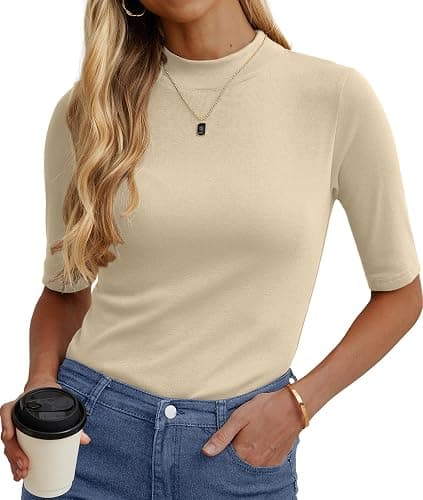 PrinStory Womens Tops Mock Neck Short Sleeve T Shirts Dressy Casual Ribbed Knit Slim Fit Summer Business Going Out Tops 2026 - Image 1