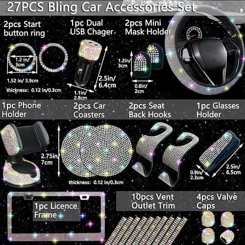 NBTEPEM 27 PCs Multicolor Bling Car Accessories Set for Women, Steering Wheel Covers Universal Fit 15 Inch, Bling License Plate Frame, Bling Phone Holder, Bling Car Coasters thumbnail 2