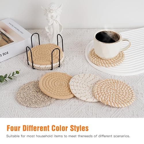 Drink Coasters with Holder, 4 Colors Absorbent Coasters, Cotton Woven Coaster Set of 8 for Table Protection, Home Decor, Housewarming Gift thumbnail 2