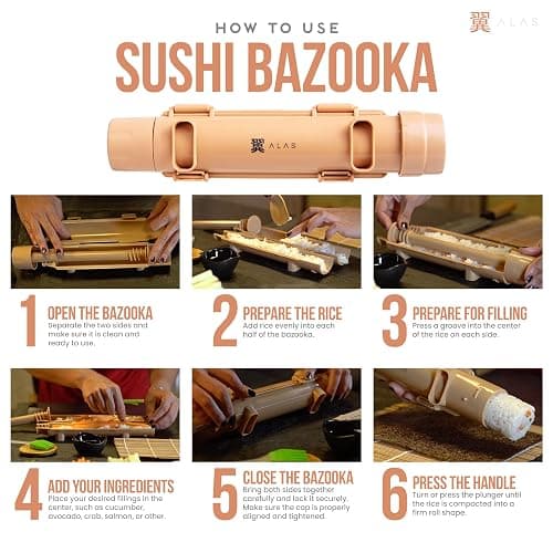 Alas Complete 20 Piece Sushi Making Set - Kit for Beginners & Pros with Knife, 2 Mats, Rice Bazooka and Dipping Plate thumbnail 3