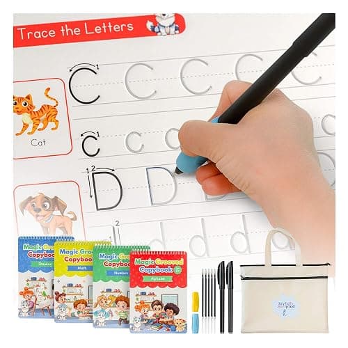 Magic Grooved Writing Practice for Kids – Reusable Grooved Handwriting Workbooks for Kids Workbook Ages 3-5, 6-8 & 8-10, Disappearing Ink & Carry Bag Letter Tracing Book, Alphabet Writing Practice Kit - Image 1
