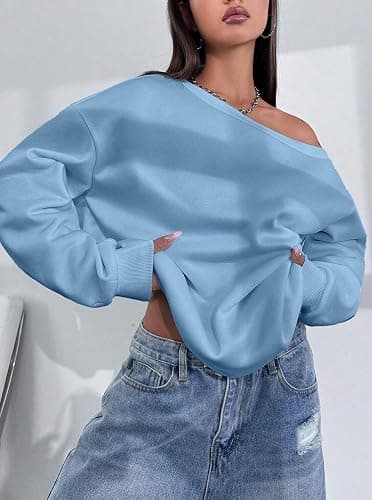 Remidoo Womens Off Shoulder Sweatshirt Drop Shoulder Oversized Long Sleeve Pullover Top thumbnail 3