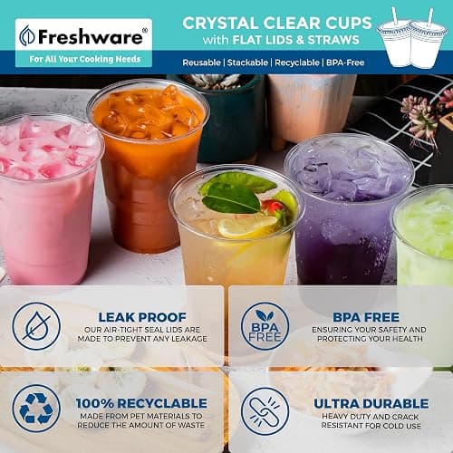Freshware 12 oz Clear Disposable Plastic Cups with Flat Lids and Straws, 100 Pack Clear Plastic Cups Tumblers, Heavy-duty Party Glasses, Disposable Cups for Thanksgiving, Halloween, Christmas Party thumbnail 6