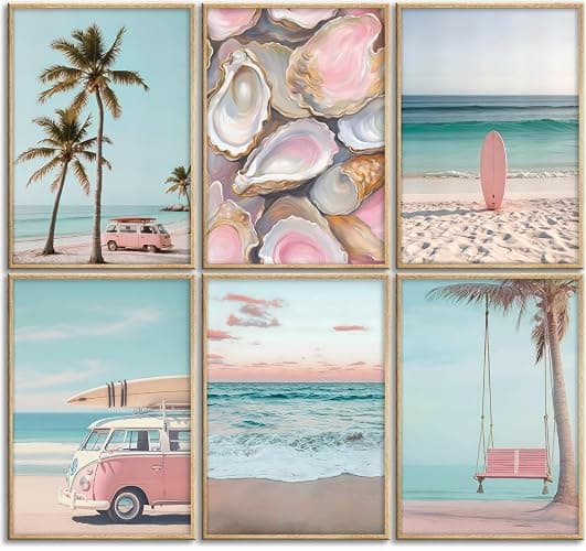 6Pcs Pink Coastal Beachy Wall Art Coastal Granddaughter Ocean Preppy Room Wall Decor Beach Aesthetic Paintings Pictures Posters Prints Artwork for Teen Girls Dorm Home Decoration(8x10 in Poster) - Image 1