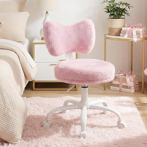 Homkdom Vanity Chair with Wheels, Pink Desk Chair with Cute Bow Backrest, Fluffy Faux Rabbit Fur Small Office Chair for Vanity, Make-up Room, Bedroom, Dorm, Small Space, Height Adjustable, Pink thumbnail 7