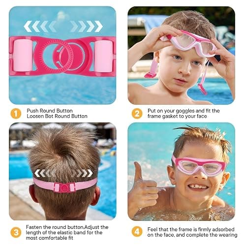 SIMAKARA Swimming Goggles Kids 6-14, Boys and Girls Swimming Goggles Age from 3 to 15 Years Old, Wide Vision, Anti-Fog, Waterproof, No Leaking, UV Protection-with FREE Case,Nose Clip Ear Plugs - pink thumbnail 6