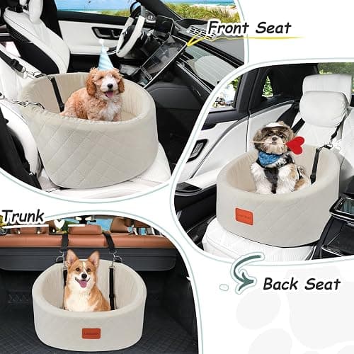 Lealchum Dog Car Seat for Small Dogs,Comfy Pet Travel Car Bed with 2 Clip-On Leashes,Fully Removable & Washable,Non-Slip Base with Seatbelt Channle,Easy to Install (Beige, Small) - Beige - Small thumbnail 5