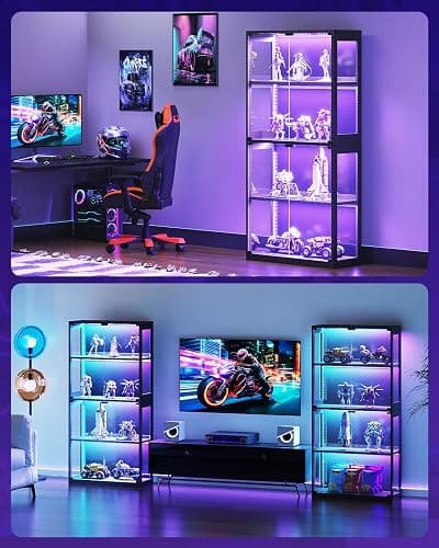 AODK Display Case with RGB Lights, 4-Tier Display Cabinet with Glass Doors and Storage Shelves, Glass Display Cabinet Shelf for Collectibles, Black Curio Cabinet for Game Room thumbnail 5