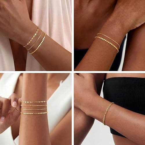 Dainty Simple Gold Bracelets for Women, Stackable Satellite Paperclip Lip Bracelet Set Tiny Lip Dot Chain Box Link for Handmade Gift Minimalist Cute Trendy Jewelry Gold Accessories for Women thumbnail 3