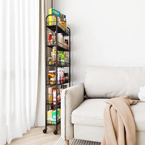 Qiaoxuan Slim Rolling Storage Cart with Wheels, Metal 6 Tier Mobile Shelving Unit Organizer Kitchen Utility Cart for Office Bathroom Kitchen Laundry Room Narrow Places (6inches) thumbnail 9
