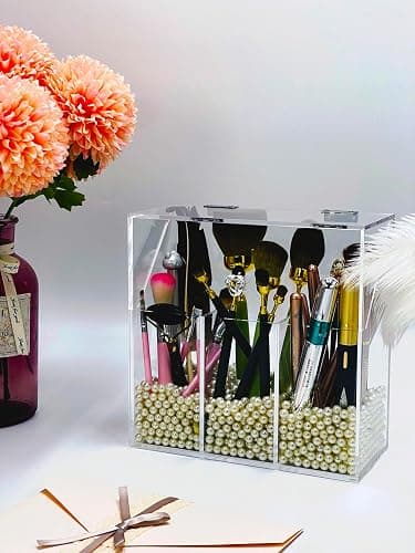 VASERDDY Acrylic Makeup Organizer,Clear Cosmetic Brush Storage Box With 3 Brush Holders,with Dust Cover, Large-capacity Split Design can Quickly Organize the Desktop (with3 bags of white pearls thumbnail 4