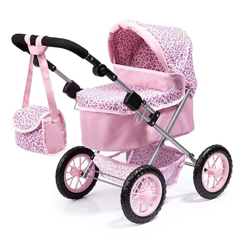 Bayer Trendy Doll Pram, Pink Animal Stroller for Dolls up to 18 in | Foldable carriage with adjustable 15-26 inch handle, matching shoulder bag, shopping basket, and protective canopy - Image 1