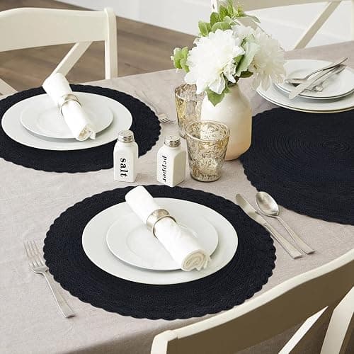 SHACOS Round Placemats Set of 4 Boho Braided Border 15 inch Circle Place Mats Washable Fabric Table Mats for Kitchen Dining Table, Black thumbnail 6
