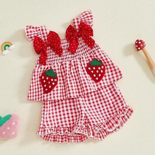 Mubineo Toddler Baby Girl Summer Clothes Cute Ruffle Shirt Tops Dress Shorts Outfits Set Fruit Blouse Princess Outfit thumbnail 9