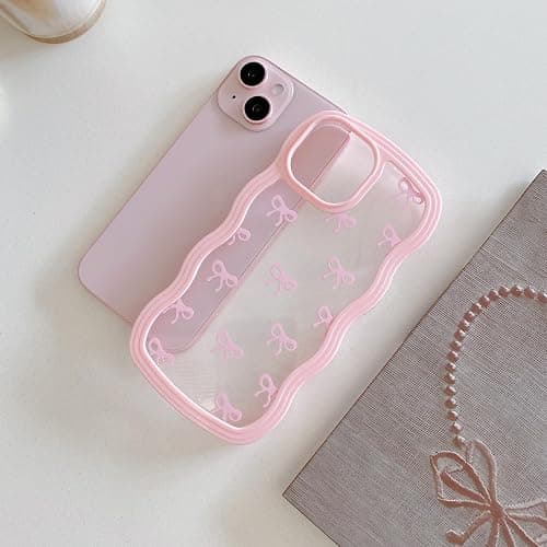 QLTYPRI Bow Case for iPhone 13/iPhone 14 Wavy Fame, Pink | Clear Cute Ribbon Bow Phone Case,Curly Wave Aesthetic Design,Slim Soft Transparent Shockproof Protective Case for Women Girl thumbnail 3