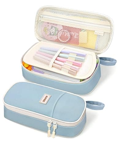 SUNEE Cute Pencil Case, Aesthetic Pen Pouch, Colored Large Pencil Bag with Zipper, Kawaii Stationery Storage and Organizer, School Supplies for Teen and Adult Girls, Blue - Image 1