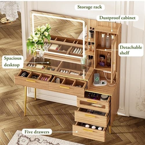 Chrangmay 47.24" Big Modern Vanity Desk with Mirror and Lights,Makeup Vanity Desk with 5 Drawers and Storage Shelves & Power Outlet,Dressing Table with Glass Top, Oak thumbnail 3