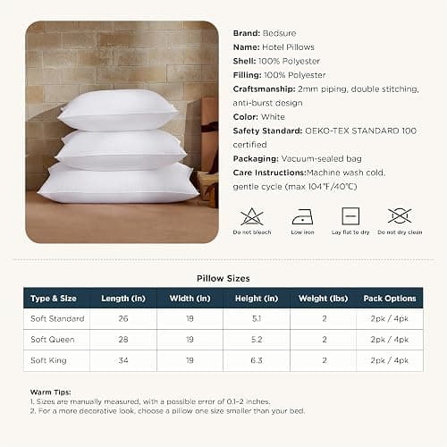 Bedsure Pillows Queen Size Set of 2 - Hotel Collection Bed Pillows for Sleeping, with Down Alternative Filling, Soft Support for Back, Stomach or Side Sleepers, Queen/Full, 28"x19", White, 2 Pack thumbnail 8