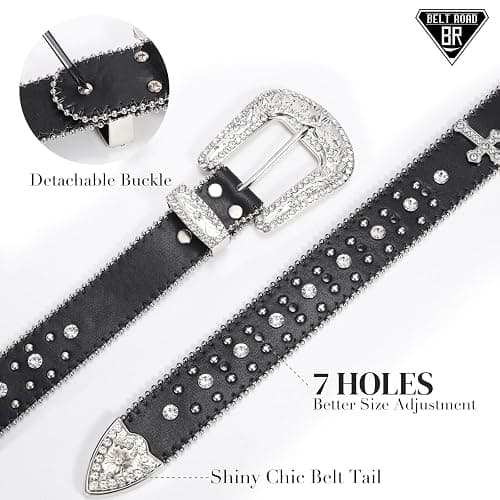 Rhinestone Belt for Women Men Cowboy Cowgirl Bling Leather Belt with Cross | Women Western Belt, Premium Leather, Sparkly Studded Diamond Belt with Detachable Buckle, Cowgirl Belts for Music Festivals thumbnail 4