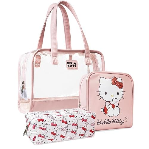 Get Trend Hello Kitty Sanrio Kawaii Makeup Bag 3 Pc Set for Girls, Teens | Clear Travel Toiletry Bag with Handles, Zipped Cosmetic Case & Makeup Pouch for Skincare, Brushes, Gifts for Girls, Women - Image 1