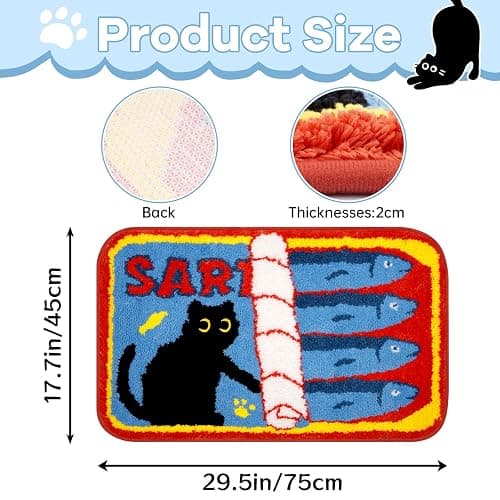 NIGOWAYS Black Cat Bath Rugs for Bathroom,Sardine Can Bath Rug | Funny Non-Slip Blue Mat with Quirky Design Rugs for Bathroom Shower Bedroom,30x18 Inch thumbnail 2