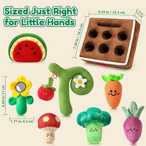 MORECOLL Fruit & Veggie Baby Sensory Plush Set, Baby Toys 6-12 Months, Garden Plush Toys with Rattle, Crinkle, Squeak, Mirror, Pull, Match & Plant Play, Montessori Baby Gift for Boys Girl Infant thumbnail 2