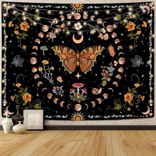 Aipon Orange Butterfly Moon Flower Tapestry Botanical Floral Plant Boho Tapestry for Bedroom Aesthetic Vintage Tapestries Wall Hanging for Living Room Dorm (36.00" x 48.00", Orange) - Image 1