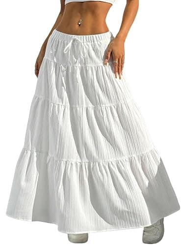 DERAX Women's Boho Flowy Maxi Skirts Elegant Flared Ruffle Hem Elastic High Waisted Summer Fall A Line Long Skirts - Image 1