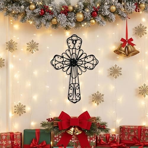 RELY+ Black Wall Cross 14X10 Inch Living Room Décor Outdoor Crucifix Wall Décor Metal Wall Art Decorative Hanging Iron Wrought Wall Décor Crosses for Rustic Indoor Home Valentine's Day Decorations - Image 1