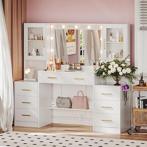 TOKSOM 58.3”Vanity Desk with Mirror and Lights & Charging Station, Bedroom Dressing Table, Large Vanity Set, 8 Drawers and 2 Cabinets, Makeup Vanity Table with Charging Station, Without Stool thumbnail 8