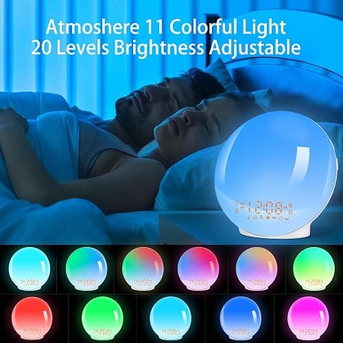 Eveil Lumière LED Radio Réveil Matin Lumineux Lampe de Chevet 20 Niveaux de Luminosité Simulateur d'Aube et Crépuscule 2 Réveils 7 Sons Naturels Fonction Snooze Veilleuse Enfant 11 Couleurs (Jaune) thumbnail 4