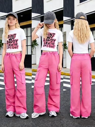 GOLLUNER Girls 2 Piece Outfits Short Sleeve Letter Print Top＋Wide Leg Pants with Pockets Summer Clothing Set Sizes 8-15 Years thumbnail 7