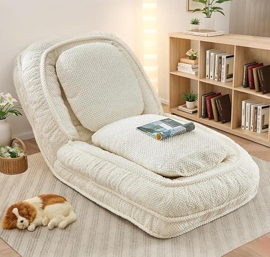 Upholstered Human Dog Bed for Adult & Pets, Convertible Lazy Sofa Bed with 5 Adjustable Position, Comfy Tatami Bean Bag Lounge Chair with 2 Soft Pillows for Bedroom Living Room Office (Beige) - Image 1