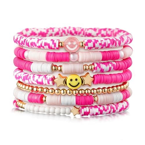 LieToi Preppy Heishi Bracelets Set Colorful White Gold Smile Heart Star Evil Eye Beaded Polymer Clay Pearl Stackable Charm Y2K Kidcore Summer Beach Bohemian Layering Bracelets Jewelry for Women Girls Teens - Image 1