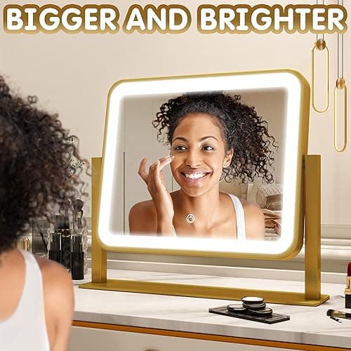 FENNIO Vanity Mirror with Lights 14x12 Inch - Makeup Mirror with Lights Tabletop, 3-Color Dimmable Lighted Mirror, Touch Control Desktop Mirror for Women (Gold) - Gold - 14"L x 12"W thumbnail 5