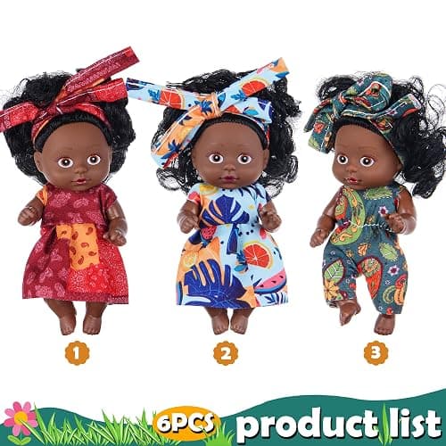6 Pack 4 Inch African Girl Dolls Set - Black Mini Dolls with Colorful Outfits & Hairbands – Gift for Girls 3-6, 6-12 Educational Toys & Decorative Figures thumbnail 5