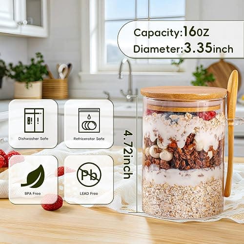 MHDCLY Overnight Oats Containers with Lids,16oz Overnight Oats Jars 4 Pack, Oatmeal Cups,Meal Prep Containers,Glass Meal Prep Containers with Lids,China Pudding Jars thumbnail 2