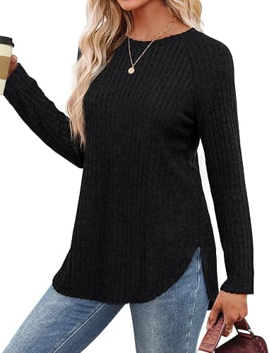 Saloogoe Long Sleeve Shirts for Women 2025 Fall Clothes Tunic Tops Loose Fit Dressy Crewneck Pullover Sweaters Curved Hem thumbnail 2