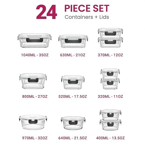 FineDine 24 Piece Glass Storage Containers with Lids - Leak Proof, Dishwasher Safe Glass Food Storage Containers for Meal Prep or Leftovers, Gray - Grey - 24 Piece thumbnail 2