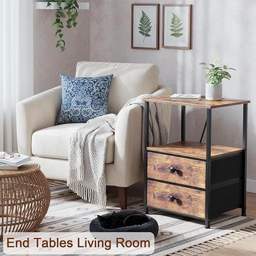 LOAKEKEL Night Stand Set 2, Nightstand with Charging Station, End Tables with Storage Shelf for Small Spaces, Bedside Table Side Tables with 2 Fabric Drawers for Bedroom, Rustic Brown, HETS020PBR thumbnail 7