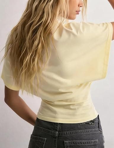 Lumister Shirts for Womens Crewneck Tighten Waist T-Shirt Casual Short Sleeve Workout Tops Solid Color Basic Tees thumbnail 3