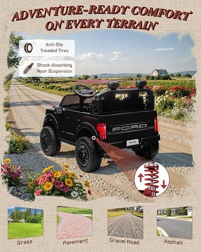 First Ride On 24V Ride on Toys for Big Kids, Licensed Ford F-150 Raptor 2 Seater Kids Ride on Car w/Remote Control, Toddler Electric Car w/LED Lights, Bluetooth, Truck Bed Storage, Soft Start (Black) thumbnail 7
