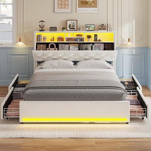 HAUOMS Full Size Bed Frame with Bookcase Headboard,LED Bed Frame with Charging Station, 4 Storage Drawer, Modern Velvet Upholstered Platform Bed with 5 Shelf, No Box Spring Needed, Creamy White thumbnail 8