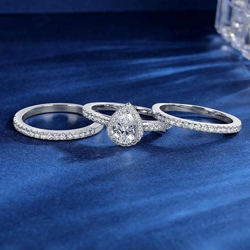 MDFUN 18K White Gold Plated 3-in-1 Halo CZ Engagement Wedding Rings Women | Round,Oval,Pear,Marquise Cut Cubic Zirconia Rings for Women; Stackable Bridal Ring Set thumbnail 3