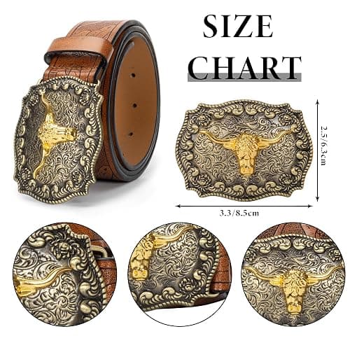 Eohak Mens-Western-Cowboy-Belt - Longhorn-Bull-Pattern-Buckle-Belt Floral-Engraved-Buckle-Belt Fit 25" to 38" Waist thumbnail 6