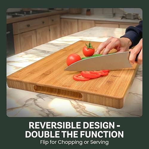 Large Bamboo Cutting Board - 17” Wooden Chopping Block for Kitchen, Charcuterie & Cheese Board with Side Handles and Deep Juice Groove by Bambüsi thumbnail 7