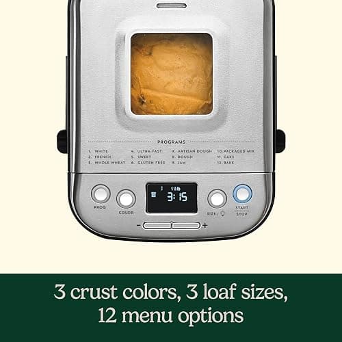 Cuisinart Bread Maker Machine, Stainless Steel, 12 Programs, Up to 2 lbs | CBK-110NAS, compact automatic bread maker with 12 menu options, 3 crust colors & sizes, LCD display & 13-hr delay-start timer thumbnail 4