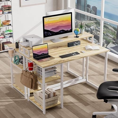 GreenForest Computer Desk with Full Monitor Stand,100 cm Home Office Desk with Reversible Storage Shelves,Small Study Desk with Headphone Hook and Cup Holder,Oak thumbnail 9